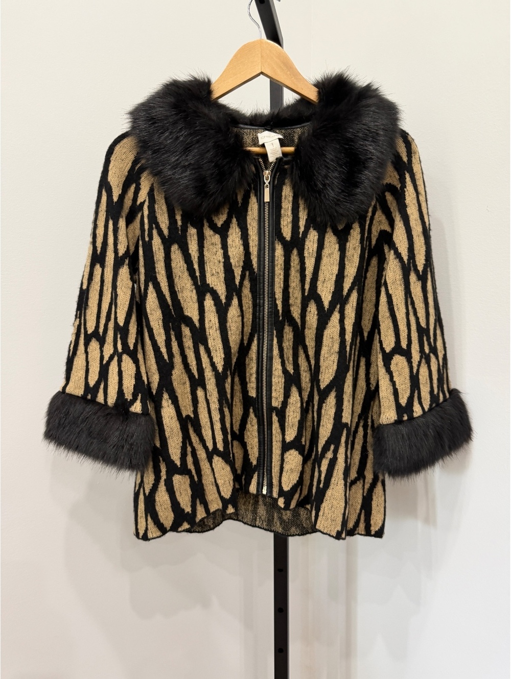 Chico's Size 1 Animal Print Zip-Up Jacket with Faux Fur Trim Wool Blend